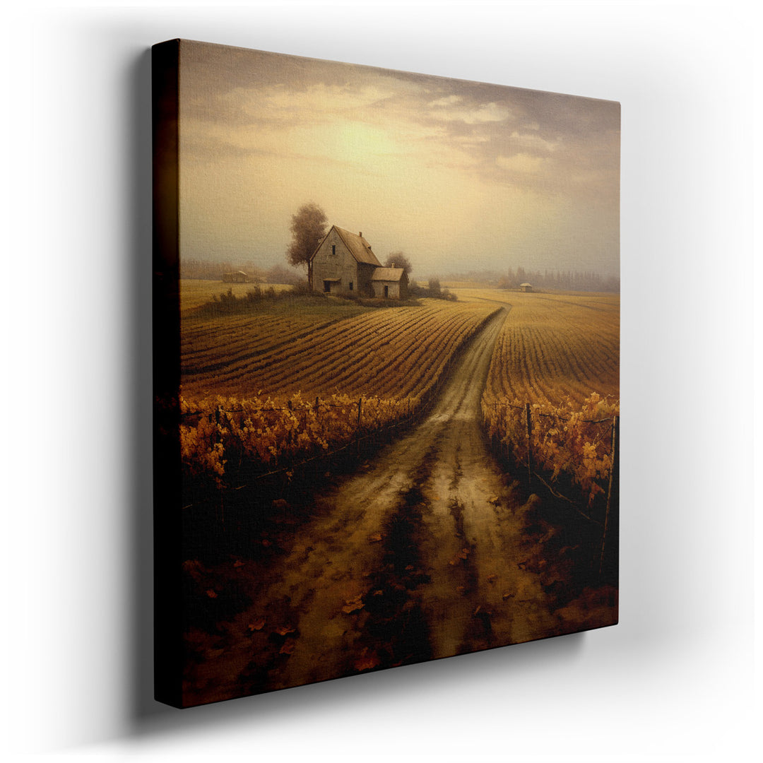 canvas print on wrapped canvas for wall decor – This enchanting wall art captures the essence of a serene landscape, where a rustic homestead nestles quietly amidst spr...