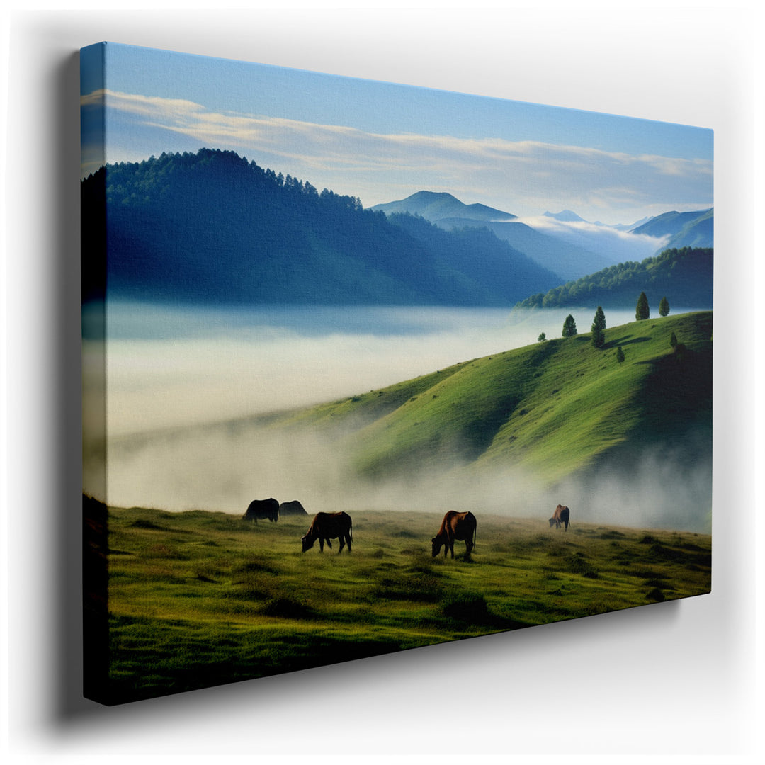 canvas print on wrapped canvas for wall decor – This enchanting wall art captures a serene moment in nature, where horses graze peacefully in a vast, verdant field, the...