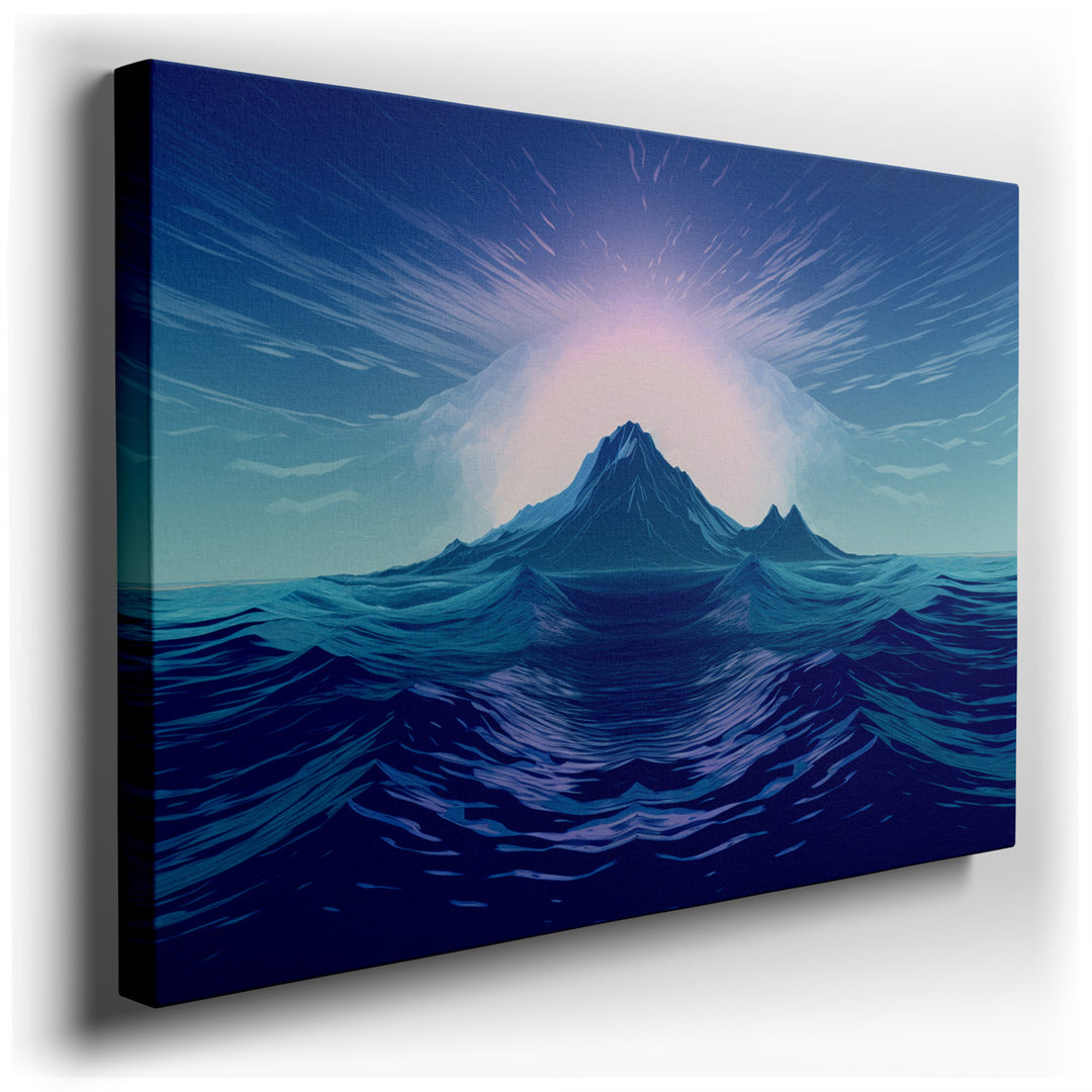 canvas print on wrapped canvas for wall decor – This exquisite wall art captures a breathtaking scene of a serene island at the break of dawn, enveloped by the gentle e...