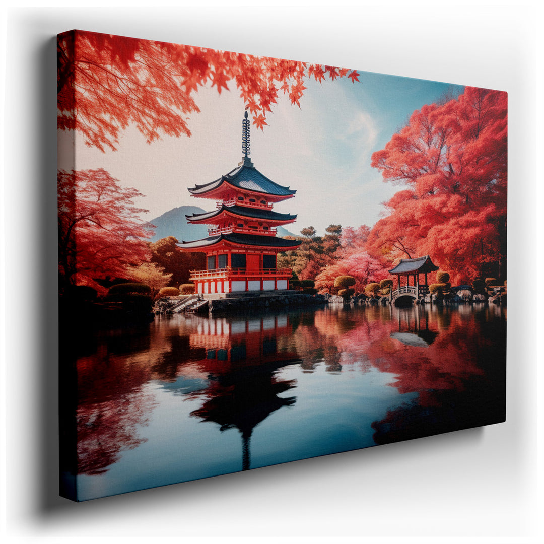 canvas print on wrapped canvas for wall decor – This enchanting wall art captures a quintessential Japanese landscape, featuring a majestic pagoda that rises elegantly...