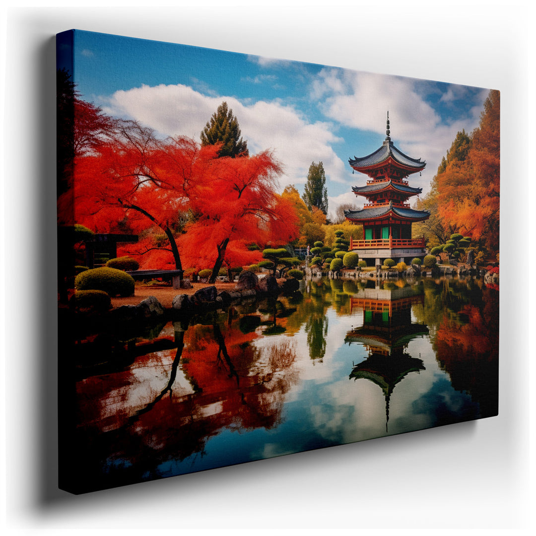 canvas print on wrapped canvas for wall decor – This exquisite wall art captures the essence of a tranquil Japanese landscape, where traditional architecture and nature...