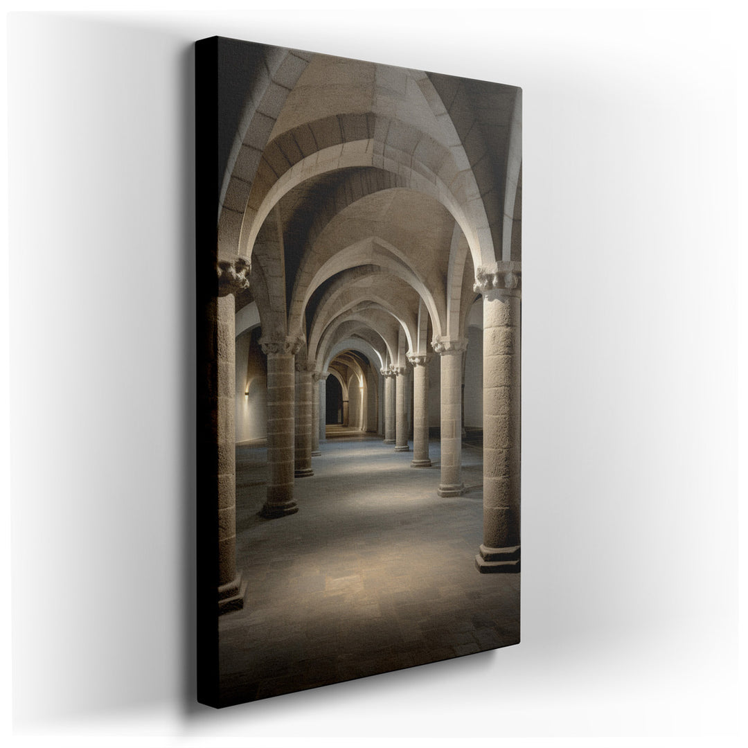 canvas print on wrapped canvas for wall decor – This wall art captures a breathtaking view of a stone corridor, characterized by its majestic arches and the serene ambi...