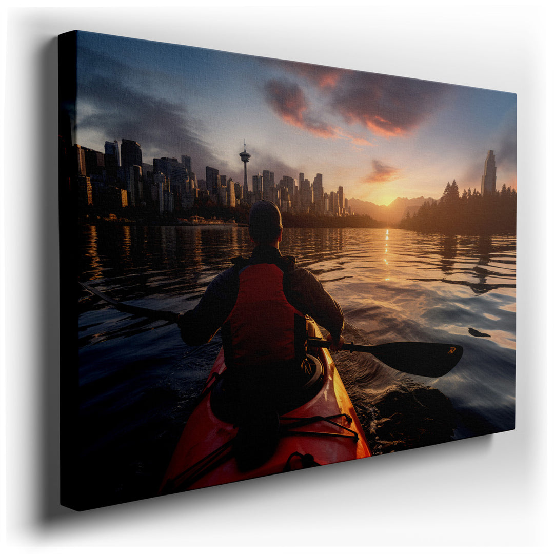 canvas print on wrapped canvas for wall decor – This wall art captures a moment of tranquil beauty and introspective solitude, as a lone kayaker glides through the calm...