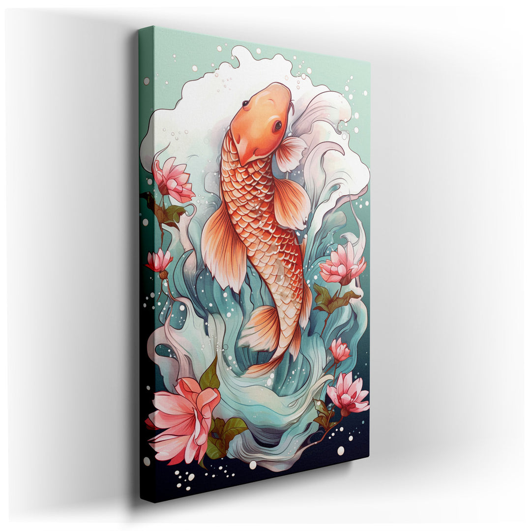 canvas print on wrapped canvas for wall decor – This enchanting wall art captures the serene beauty of a vibrant koi fish, effortlessly gliding through a mesmerizing sw...