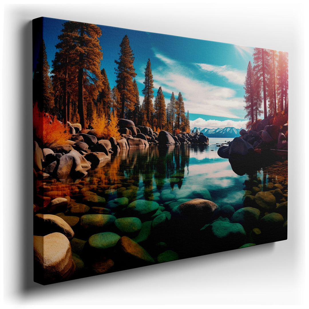 canvas print on wrapped canvas for wall decor – This enchanting wall art captures the serene beauty of a tranquil lake, set in the heart of a lush landscape that celebr...