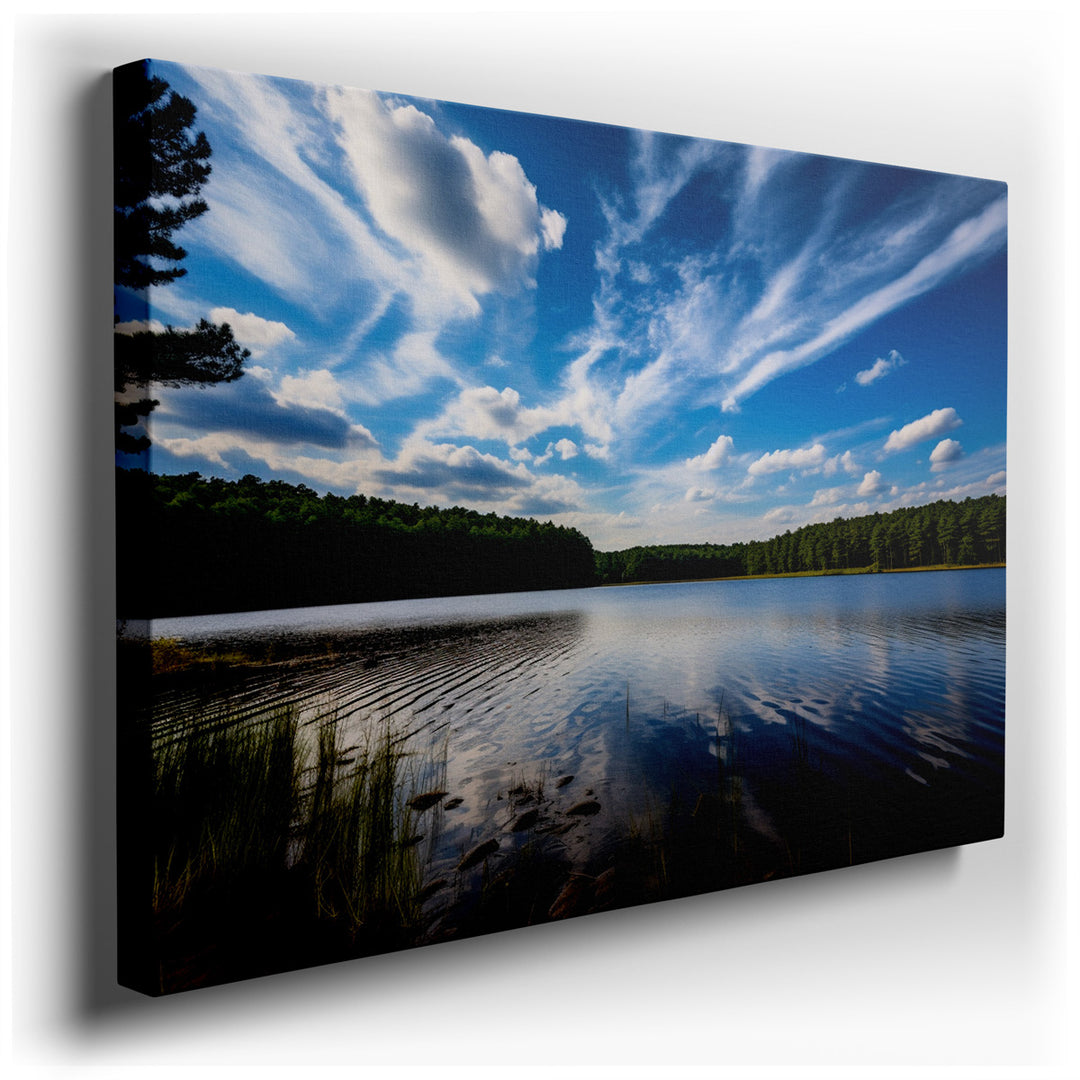 canvas print on wrapped canvas for wall decor – This wall art, a masterful depiction of nature's serene beauty, portrays a tranquil lake scene that exudes a peaceful am...