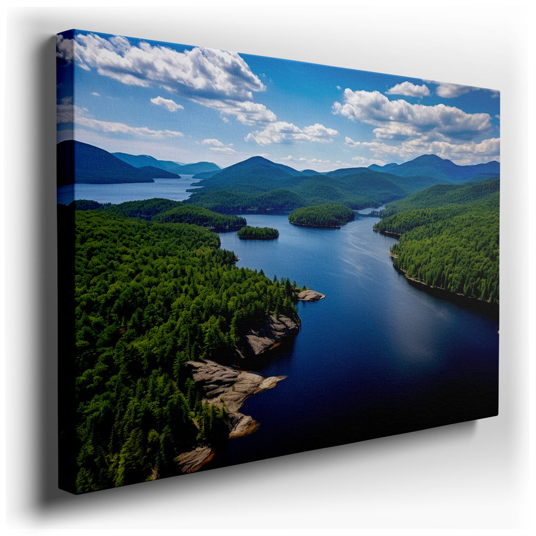 canvas print on wrapped canvas for wall decor – This wall art, a stunning aerial depiction of a serene lake nestled amidst verdant hills and dense woodlands, is a maste...