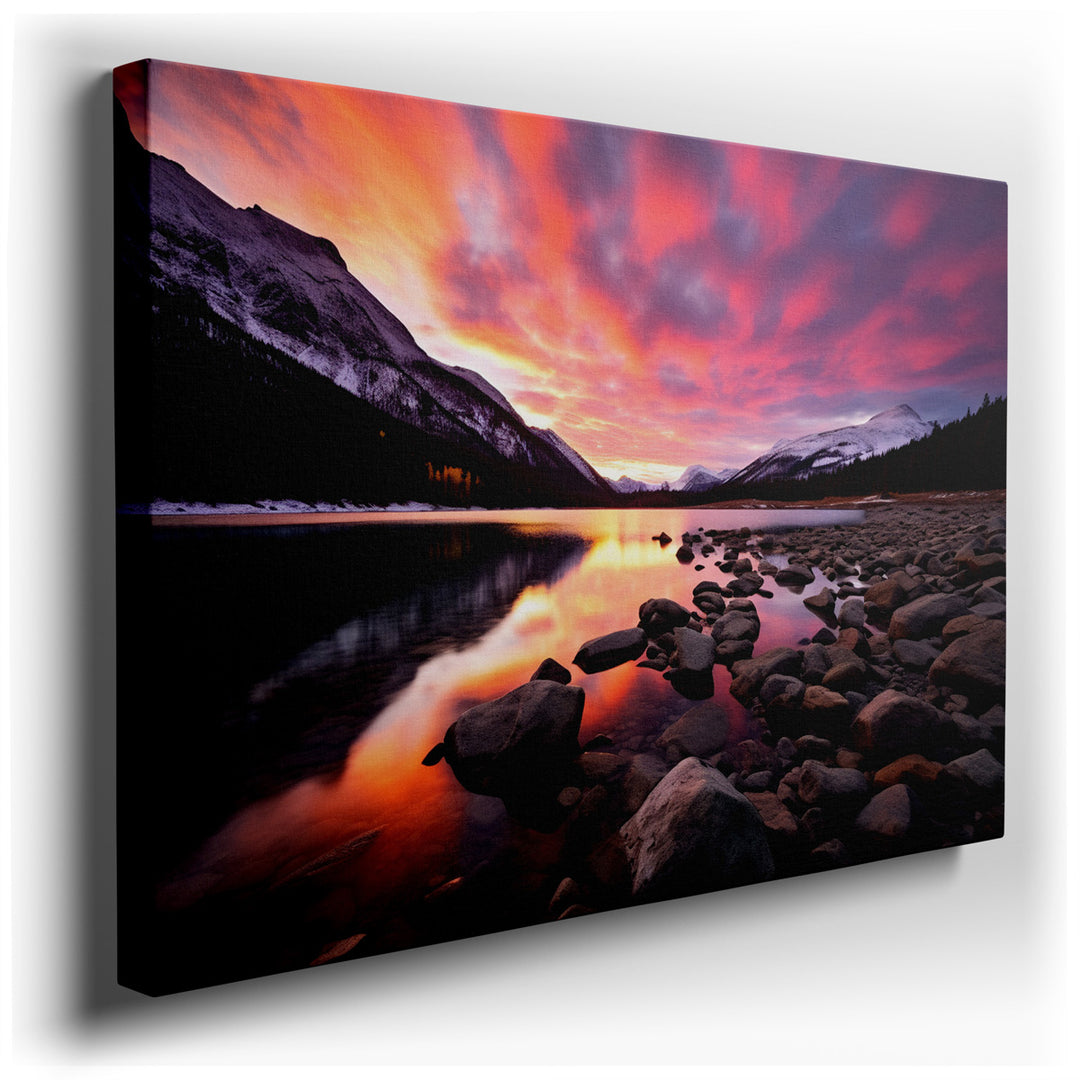 canvas print on wrapped canvas for wall decor – This wall art is a captivating portrayal of nature's grandeur, featuring a serene lake that mirrors the splendor of maje...