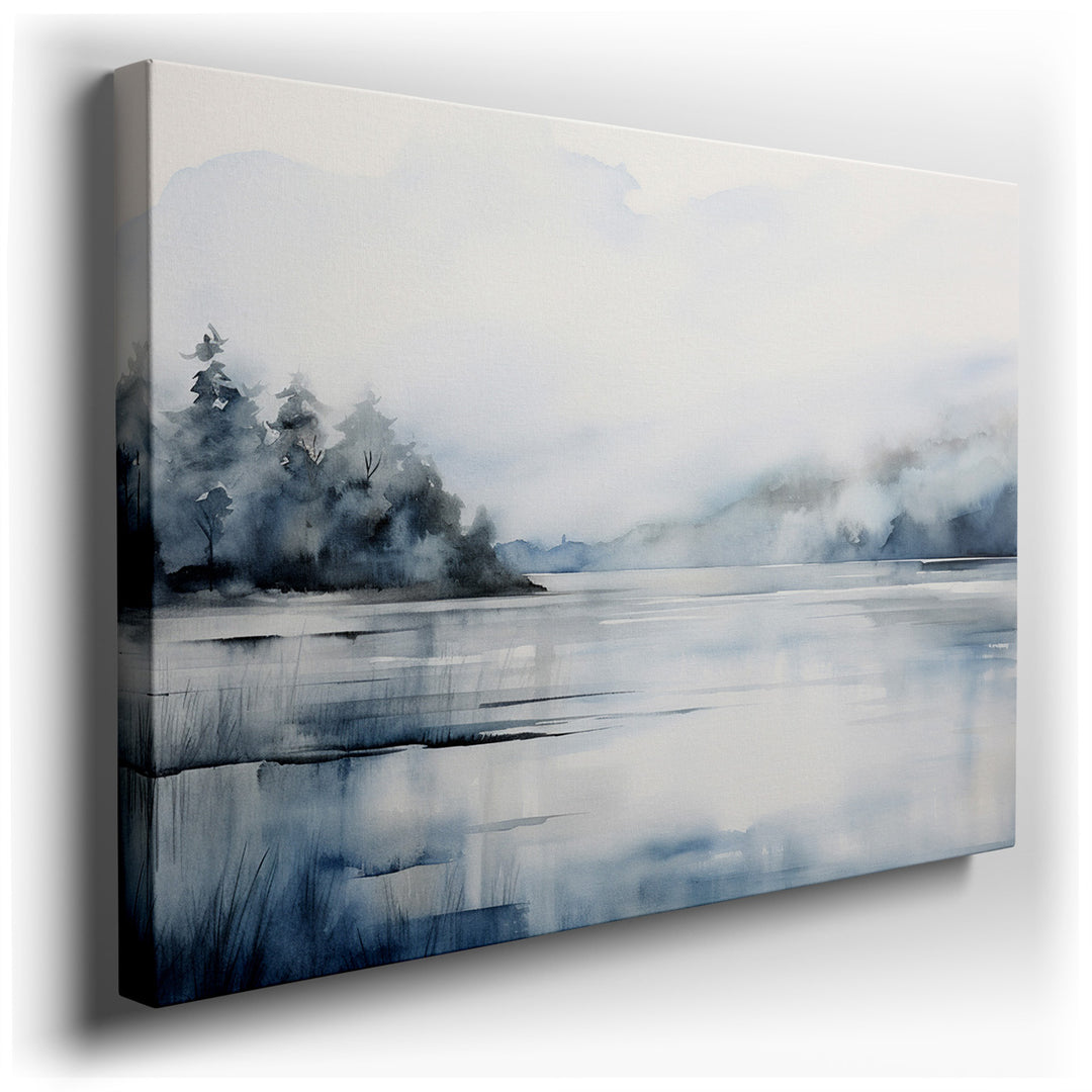 canvas print on wrapped canvas for wall decor – This exquisite watercolor wall art offers a masterful portrayal of a serene lake landscape, where the gentle interplay o...