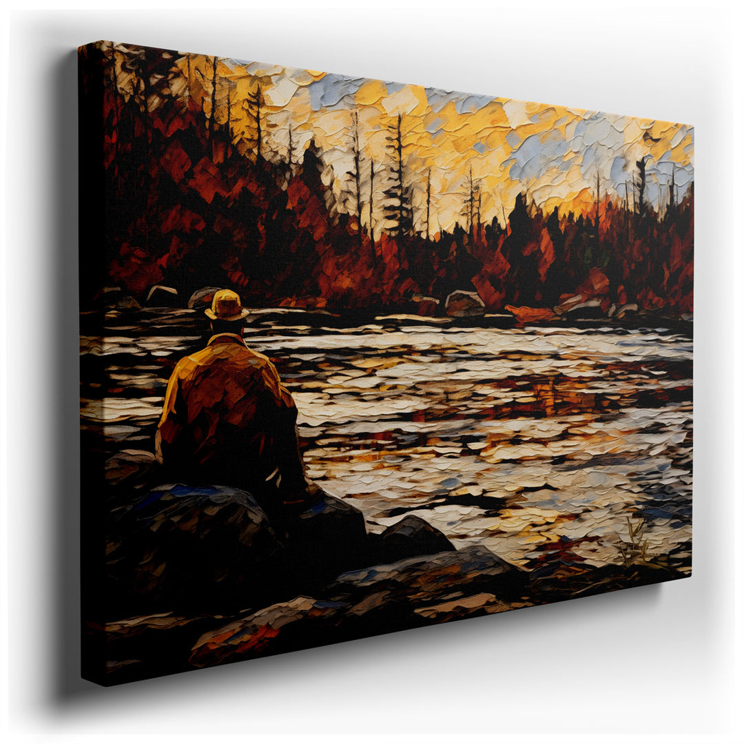 canvas print on wrapped canvas for wall decor – This wall art captures a serene moment at a lakeside setting, where the tranquility of nature is palpable and invites vi...