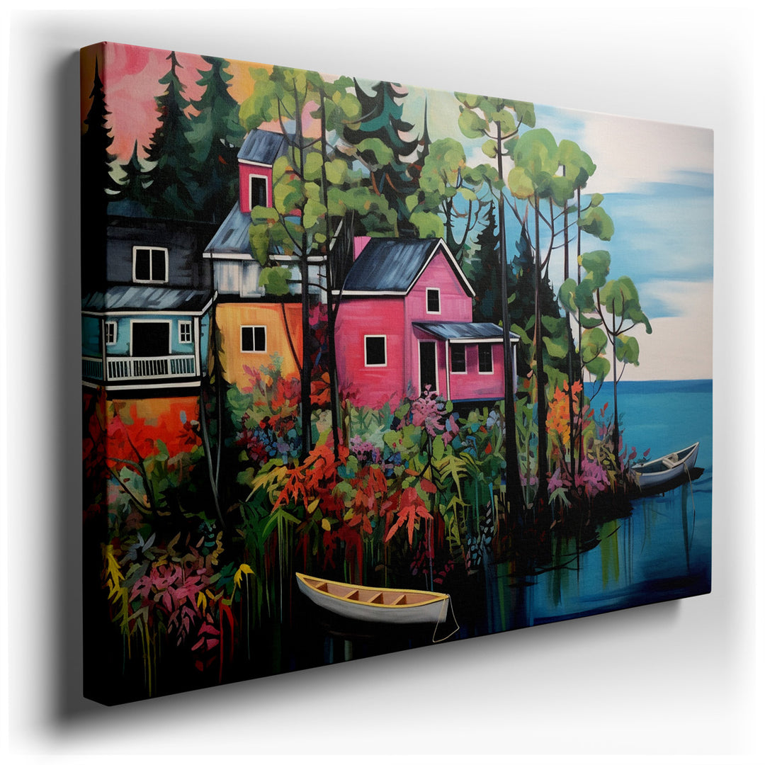 canvas print on wrapped canvas for wall decor – This enchanting wall art, a masterful depiction of colorful lakeside houses nestled amidst a vivid floral landscape, is...