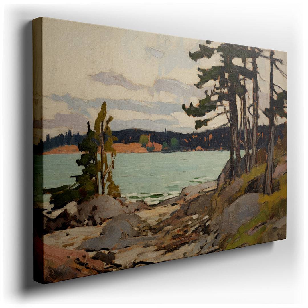 canvas print on wrapped canvas for wall decor – This exquisite wall art, a serene depiction of a lakeside landscape, is a masterpiece of tranquility and subtle beauty....