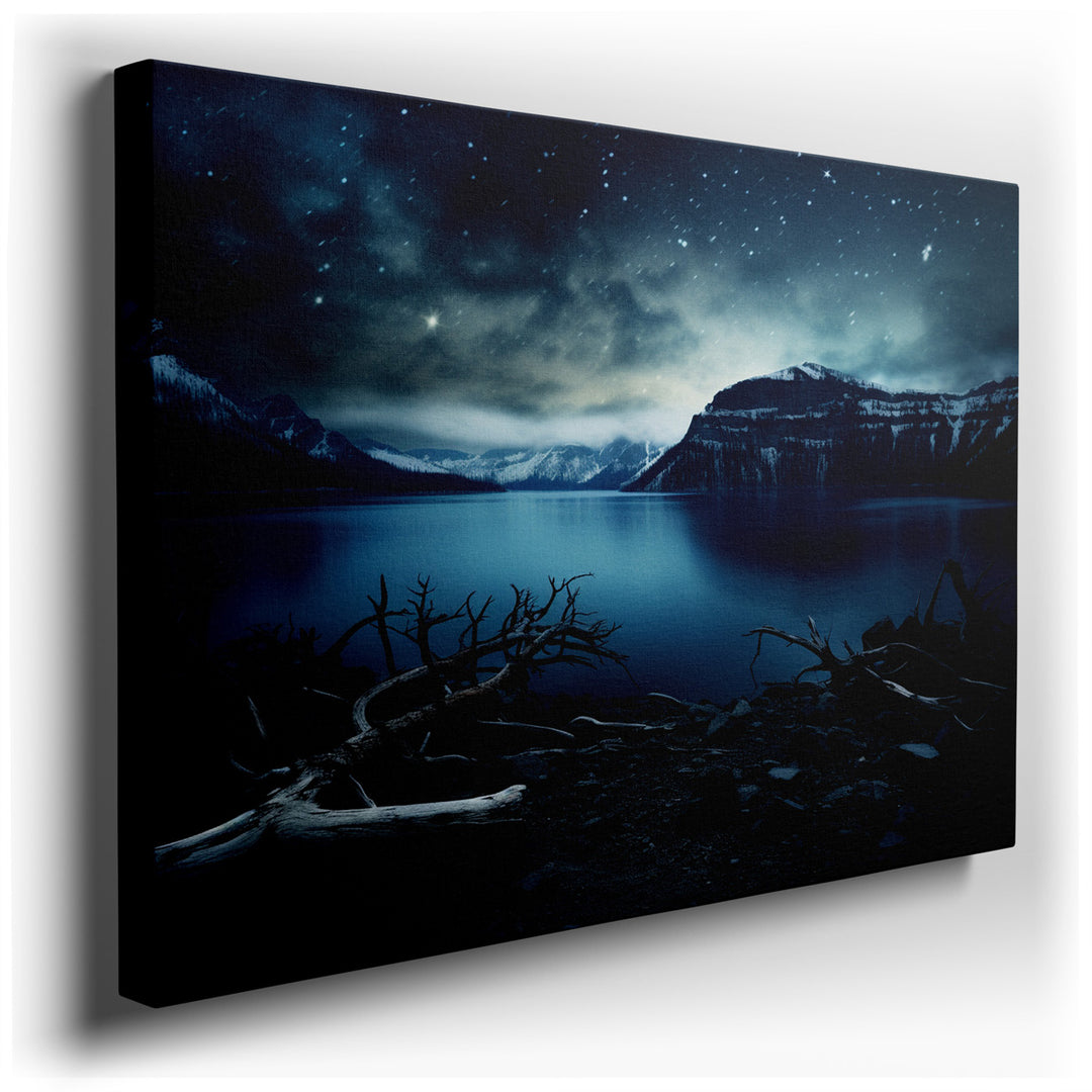 canvas print on wrapped canvas for wall decor – This exquisite wall art captures a serene lakeside scene, where the rugged beauty of nature is portrayed with a masterfu...