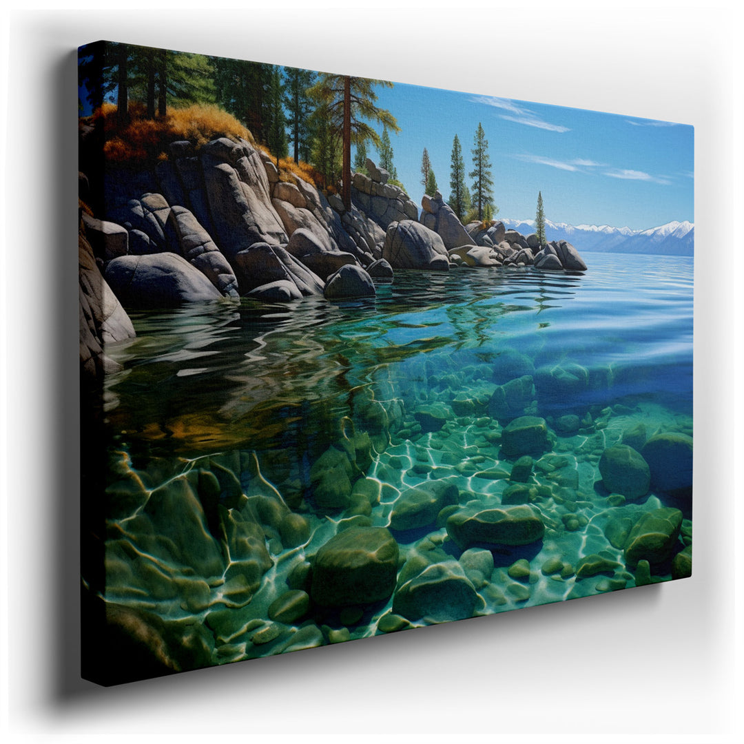 canvas print on wrapped canvas for wall decor – This wall art captures a serene lakeside scene that is both tranquil and invigorating. The artwork features a breathtaki...