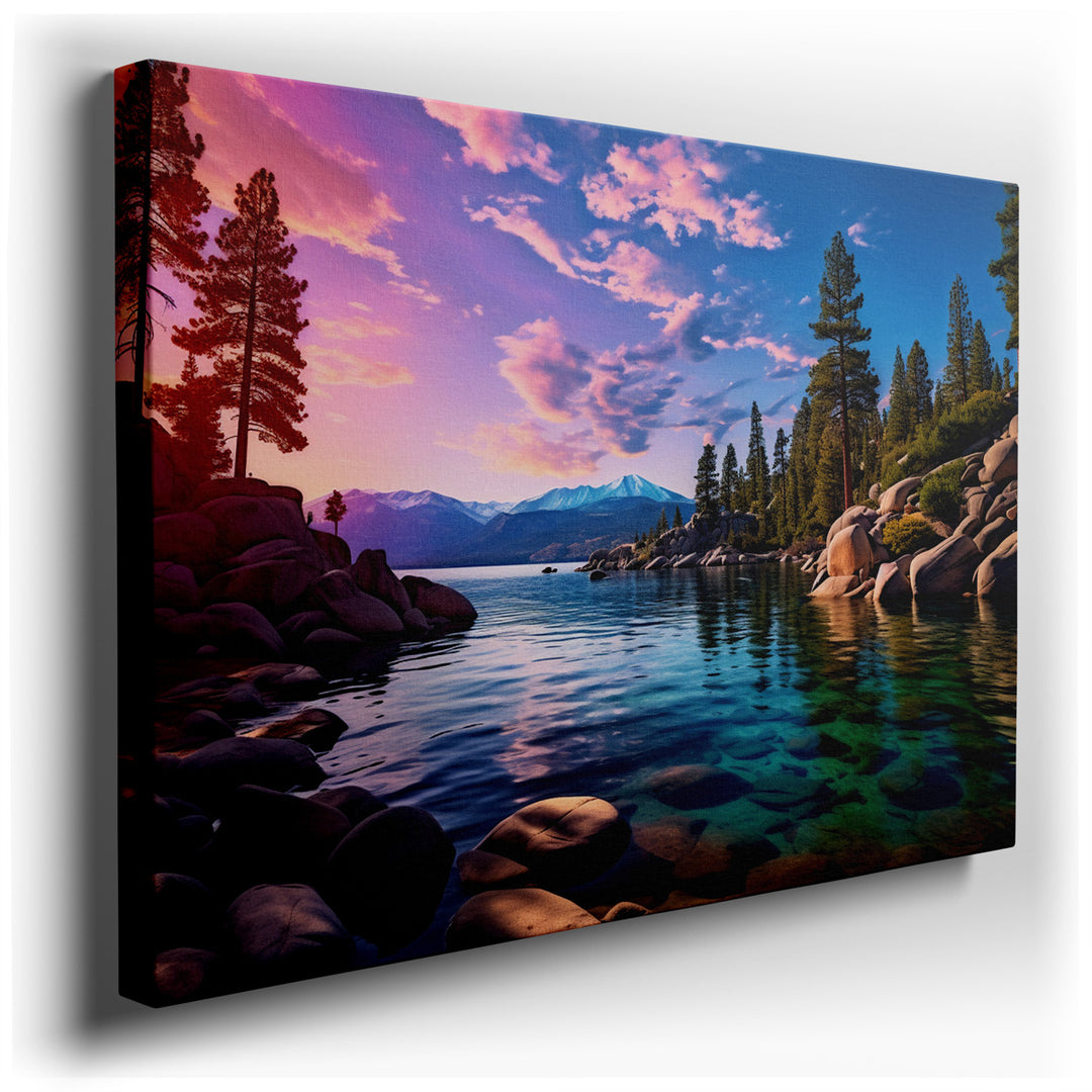 canvas print on wrapped canvas for wall decor – This exquisite wall art captures the serene beauty of a lakeside at sunset, a moment when nature adorns itself with a pa...