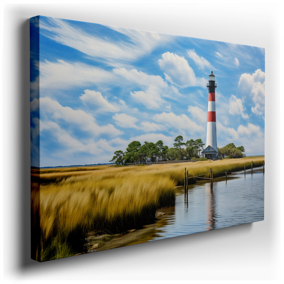 canvas print on wrapped canvas for wall decor – This exquisite wall art portrays a majestic lighthouse, its vibrant red and white facade striking a bold contrast agains...