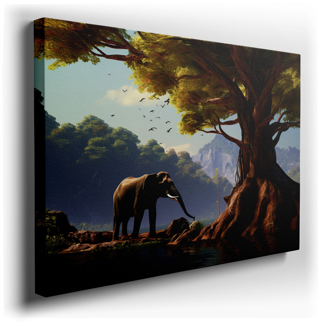 canvas print on wrapped canvas for wall decor – This enchanting wall art captures the serene majesty of a lone elephant standing beside a towering tree, set against a b...