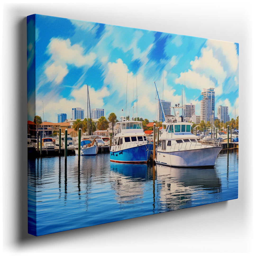 canvas print on wrapped canvas for wall decor – This captivating wall art portrays a serene marina, where sleek boats gently bob on the placid waters, creating a harmon...