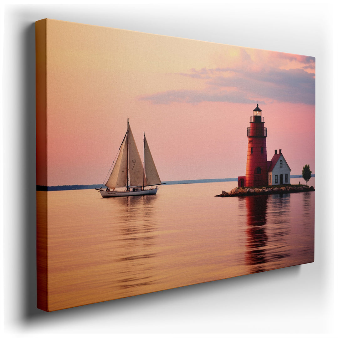 canvas print on wrapped canvas for wall decor – This enchanting wall art portrays a serene maritime scene that is both captivating and calming. At the heart of the comp...