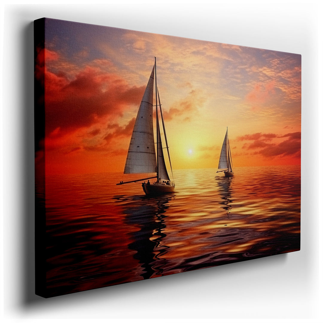 canvas print on wrapped canvas for wall decor – This wall art captures a serene maritime scene that is both enchanting and calming. It features two elegant sailboats th...