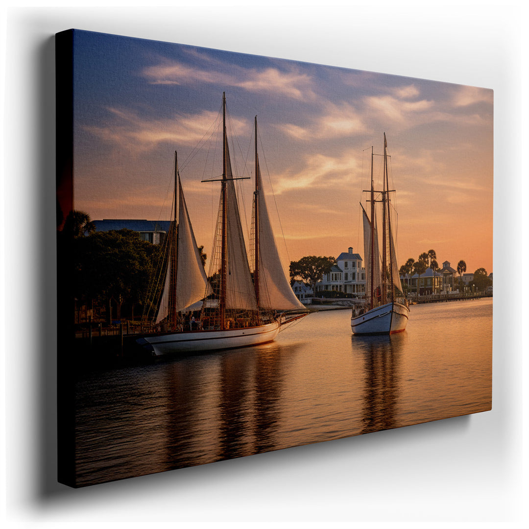 canvas print on wrapped canvas for wall decor – This enchanting wall art portrays a serene maritime scene that is both captivating and calming. It features two elegant...