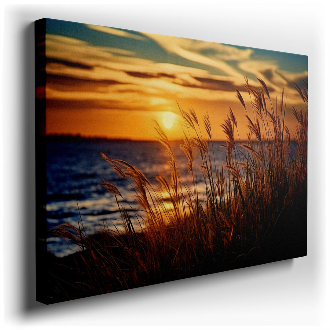 canvas print on wrapped canvas for wall decor – This enchanting wall art captures the serene beauty of a natural landscape at the magical hour of sunset. The scene is s...