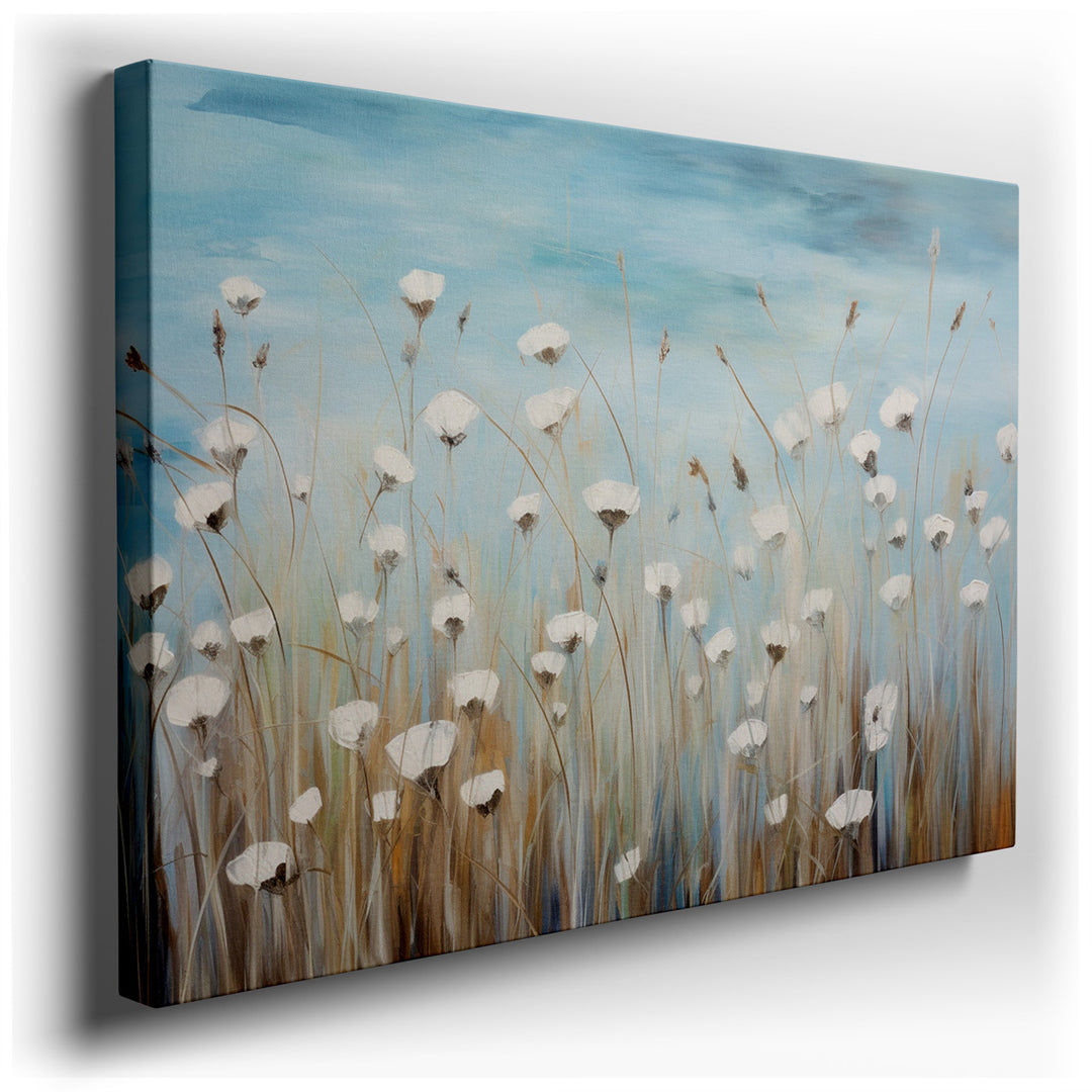 canvas print on wrapped canvas for wall decor – This enchanting wall art captures the essence of a serene meadow, where a cluster of delicate white wildflowers gently s...