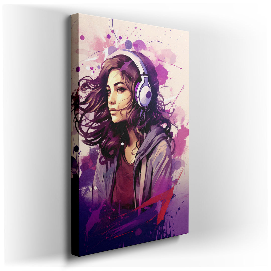 canvas print on wrapped canvas for wall decor – This wall art is a mesmerizing portrayal of a young woman lost in the world of music, her expression one of serene tranq...