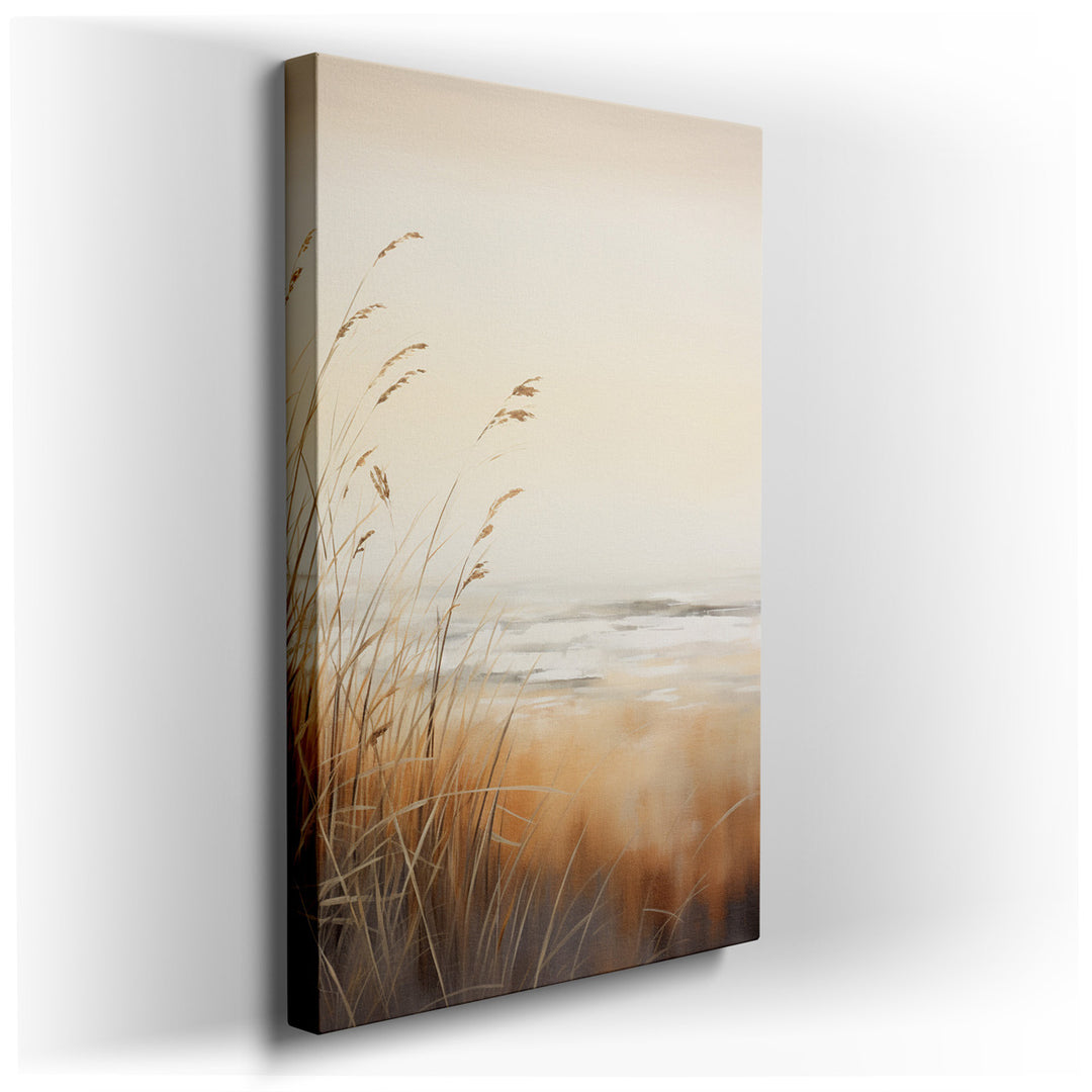 canvas print on wrapped canvas for wall decor – This exquisite wall art captures the essence of a minimalist beach landscape at dusk, offering a serene and tranquil vie...