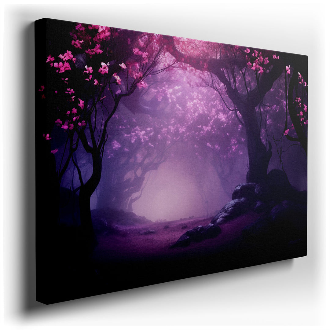canvas print on wrapped canvas for wall decor – This exquisite wall art captures a serene forest scene, enveloped in a gentle mist that seems to whisper secrets of the...