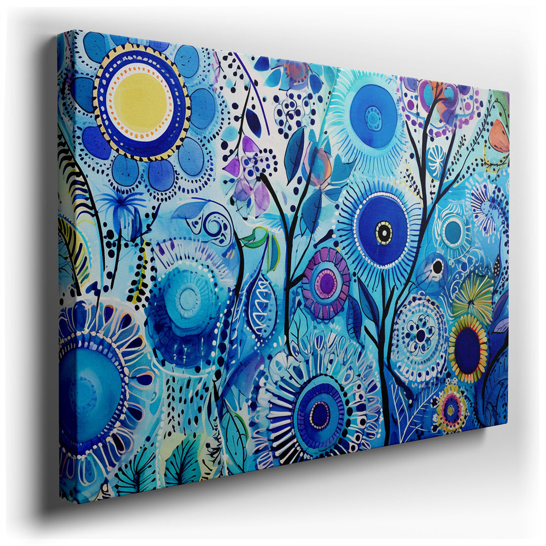 canvas print on wrapped canvas for wall decor – This enchanting wall art is a masterful display of artistic expression, blending a mesmerizing palette of blues and gree...