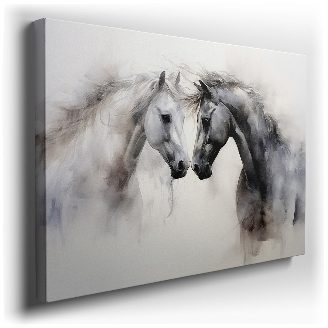 canvas print on wrapped canvas for wall decor – This enchanting wall art captures a tender moment between two majestic horses, portrayed in a soft, abstract style that...