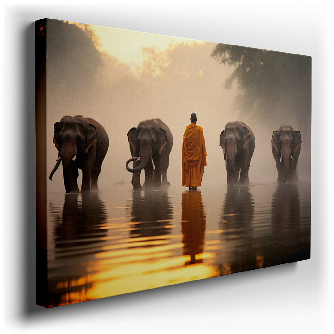canvas print on wrapped canvas for wall decor – The wall art captures a serene and poignant moment, depicting a monk standing at the water's edge, surrounded by a group...
