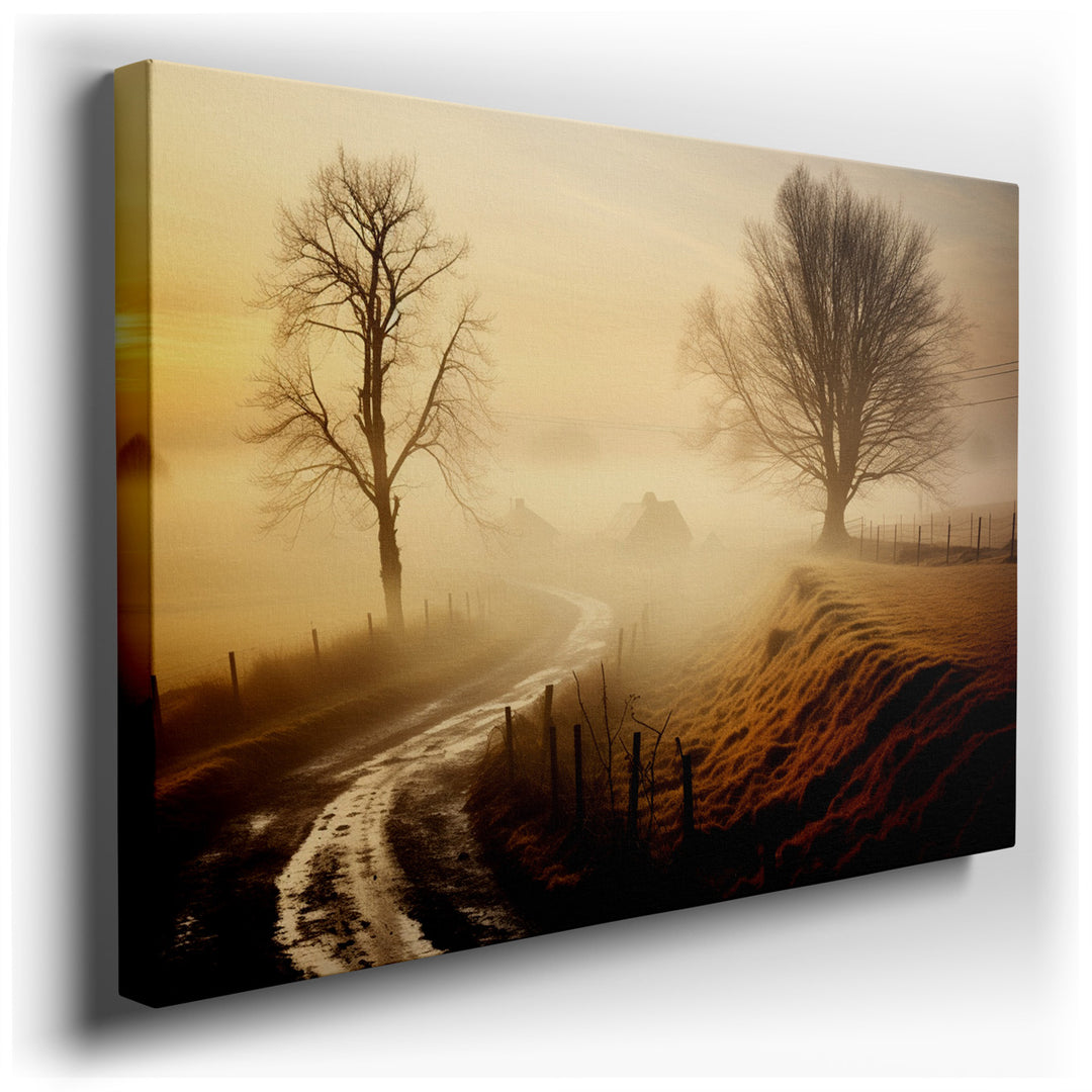 canvas print on wrapped canvas for wall decor – This enchanting landscape wall art masterfully captures the serene ambiance of a misty morning, inviting viewers into a...