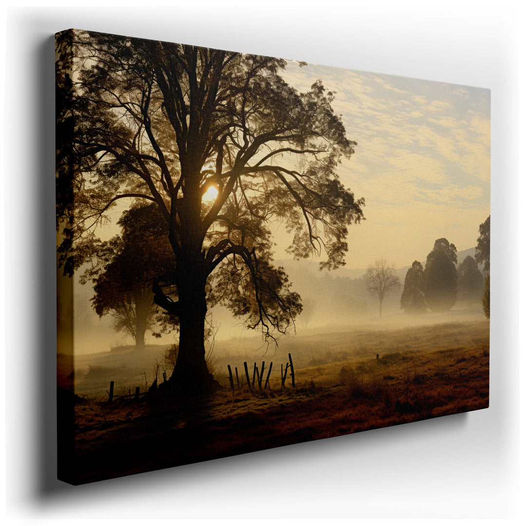 canvas print on wrapped canvas for wall decor – This exquisite wall art portrays a serene morning landscape, enveloped in a gentle mist that adds a touch of mystery and...