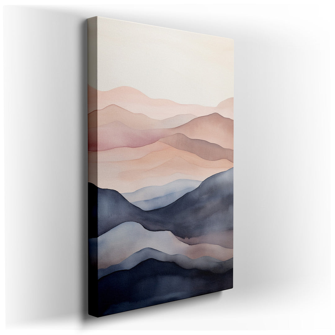 canvas print on wrapped canvas for wall decor – This exquisite watercolor wall art captures the serene majesty of a mountainous landscape at what could be the break of...