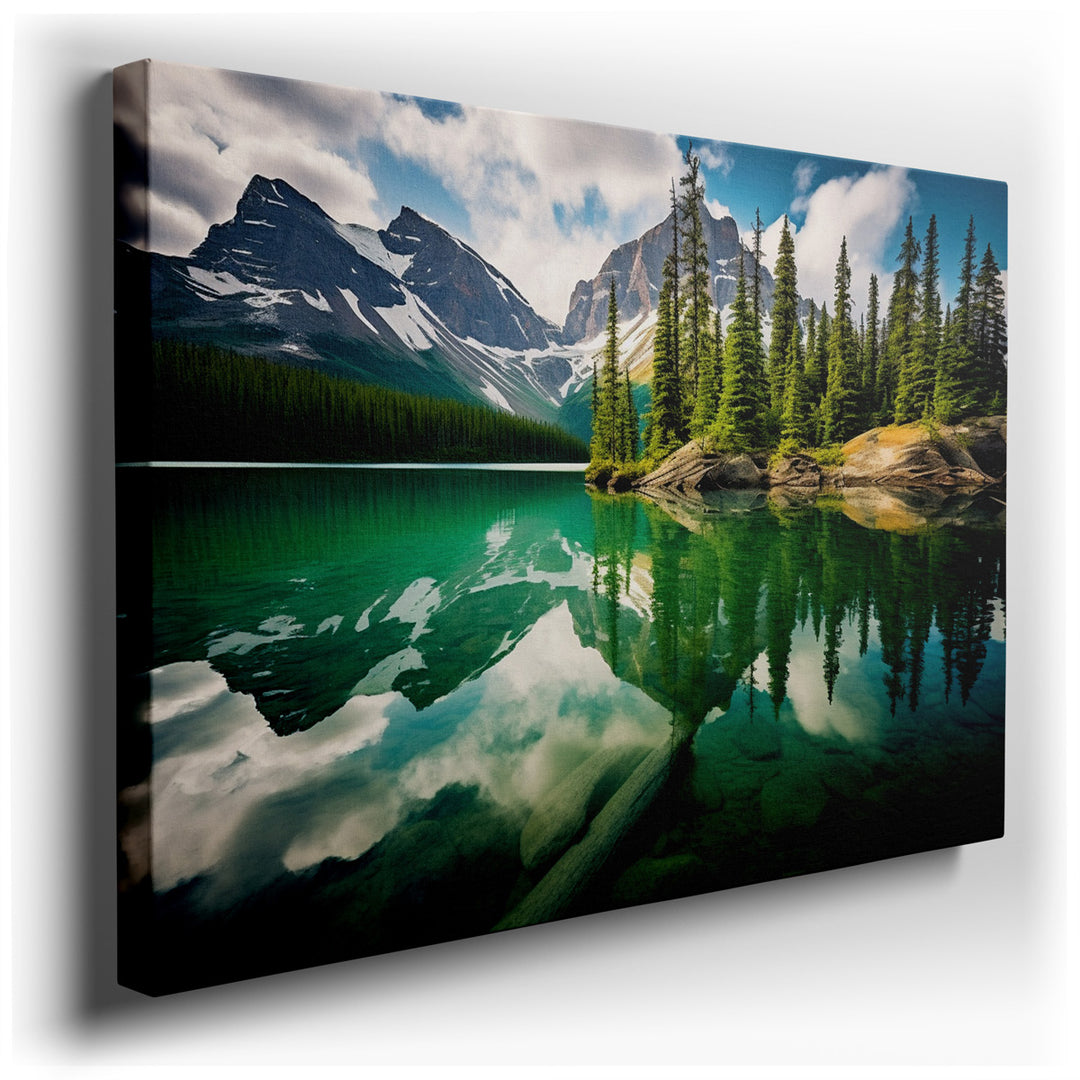 canvas print on wrapped canvas for wall decor – This wall art, a serene depiction of a mountain lake, is a masterpiece of tranquility and natural beauty. The canvas cap...