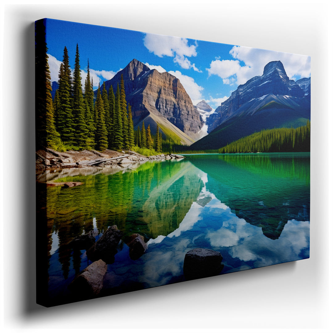 canvas print on wrapped canvas for wall decor – This wall art captures a serene mountain lake, a masterpiece of natural beauty and tranquility that would grace any room...