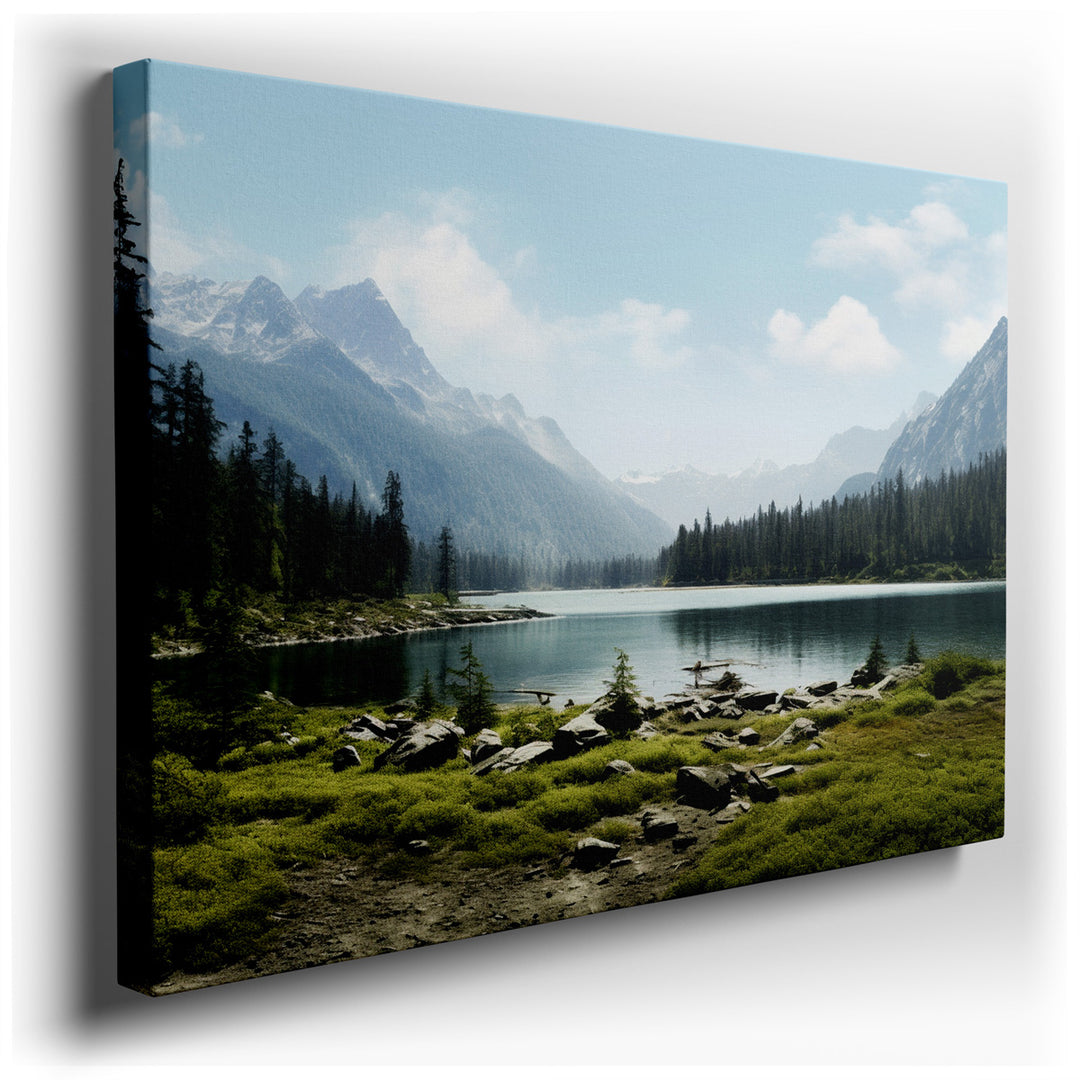 canvas print on wrapped canvas for wall decor – This wall art, a masterful depiction of a serene mountain lake, is an exquisite representation of nature's untouched bea...