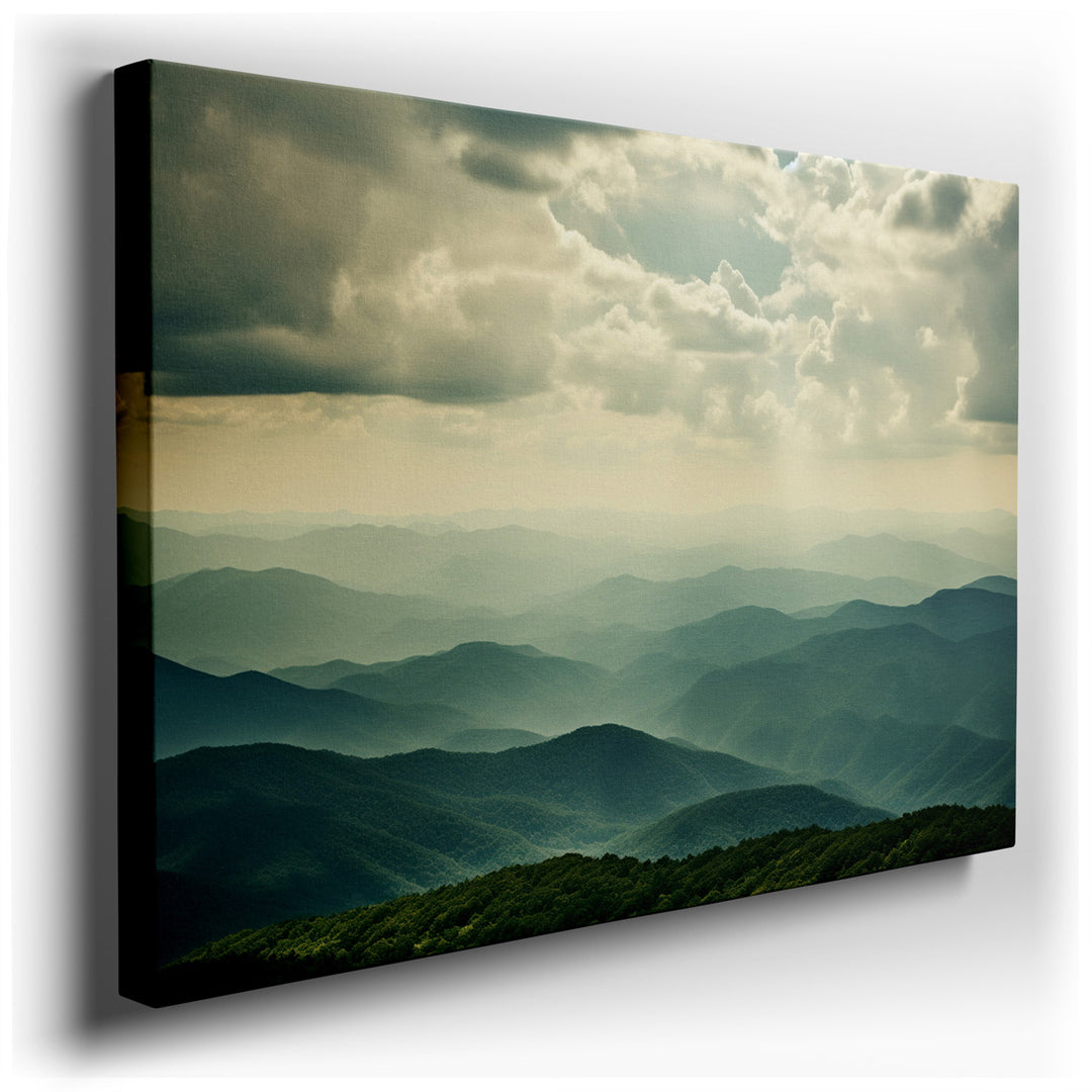 canvas print on wrapped canvas for wall decor – This exquisite wall art masterfully captures the serene and majestic essence of a mountainous landscape, enveloped in a...
