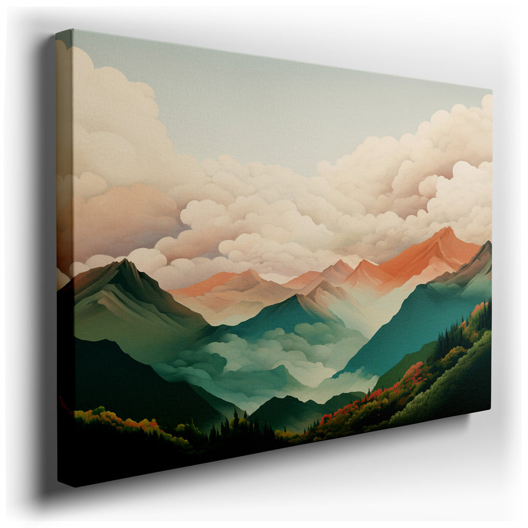 canvas print on wrapped canvas for wall decor – This wall art, a masterful depiction of a tranquil mountain range, is enveloped in a soft embrace of fluffy clouds, crea...