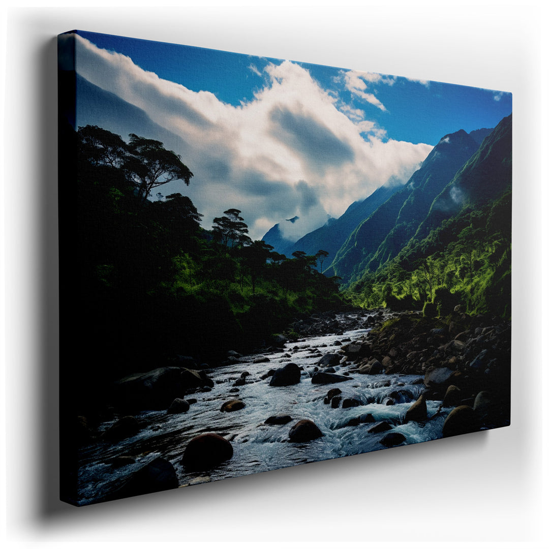 canvas print on wrapped canvas for wall decor – This exquisite wall art portrays a serene mountain river meandering through verdant hills, encapsulated under a brillian...