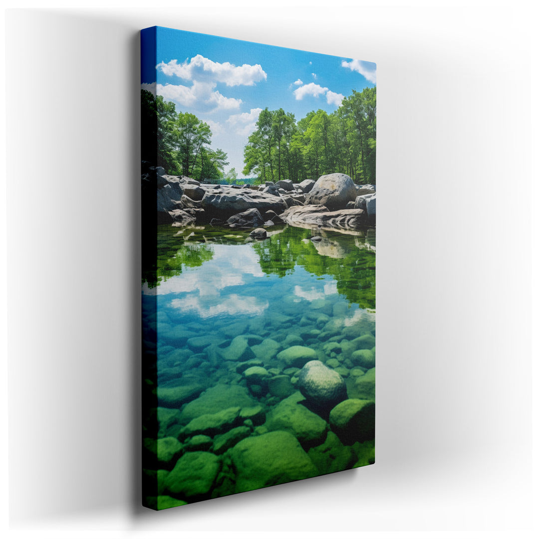 canvas print on wrapped canvas for wall decor – This wall art, a masterful depiction of a serene mountain stream, is an exquisite representation of nature's tranquil be...
