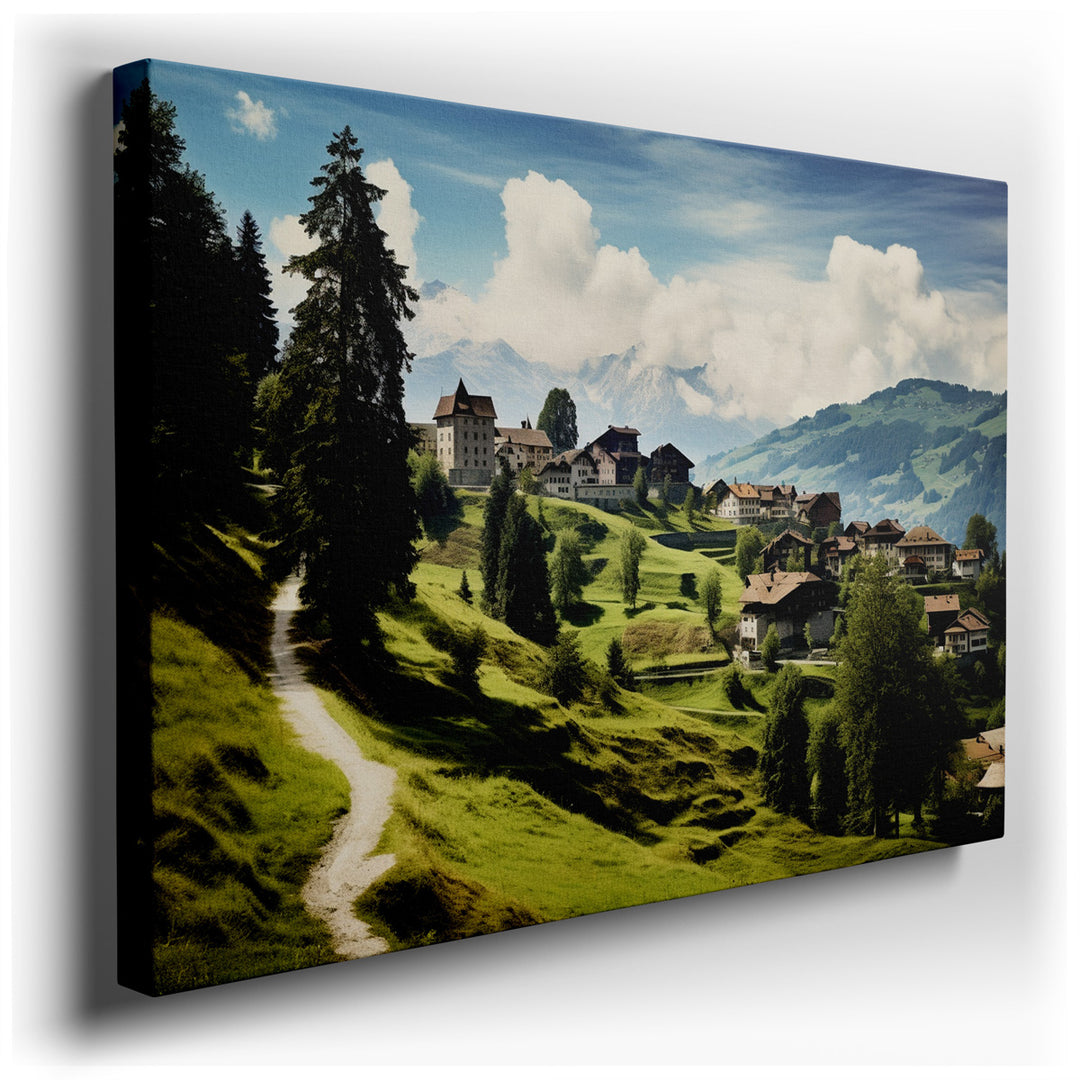 canvas print on wrapped canvas for wall decor – This enchanting wall art captures the essence of a serene mountain village, nestled delicately among lush, verdant lands...