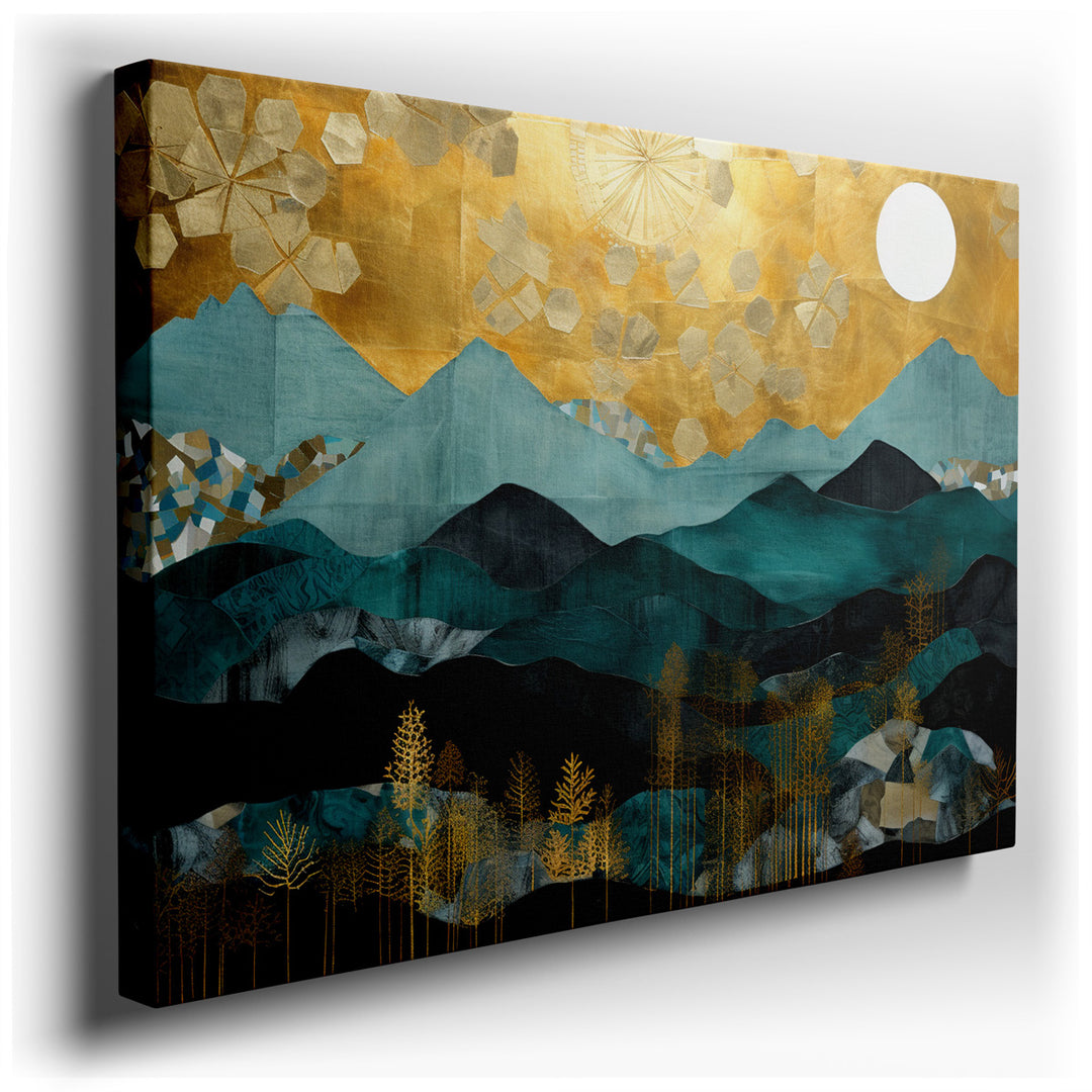 canvas print on wrapped canvas for wall decor – This exquisite wall art captures the essence of a tranquil landscape, where serene mountains rise majestically against a...