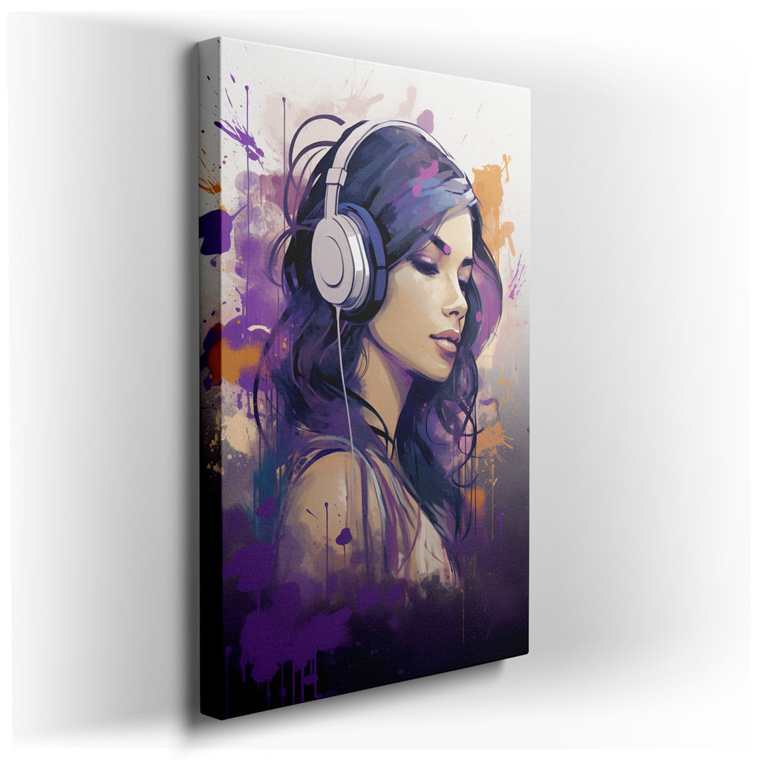 canvas print on wrapped canvas for wall decor – This wall art is a captivating portrayal of a young woman deeply engrossed in the world of music, her expression one of...