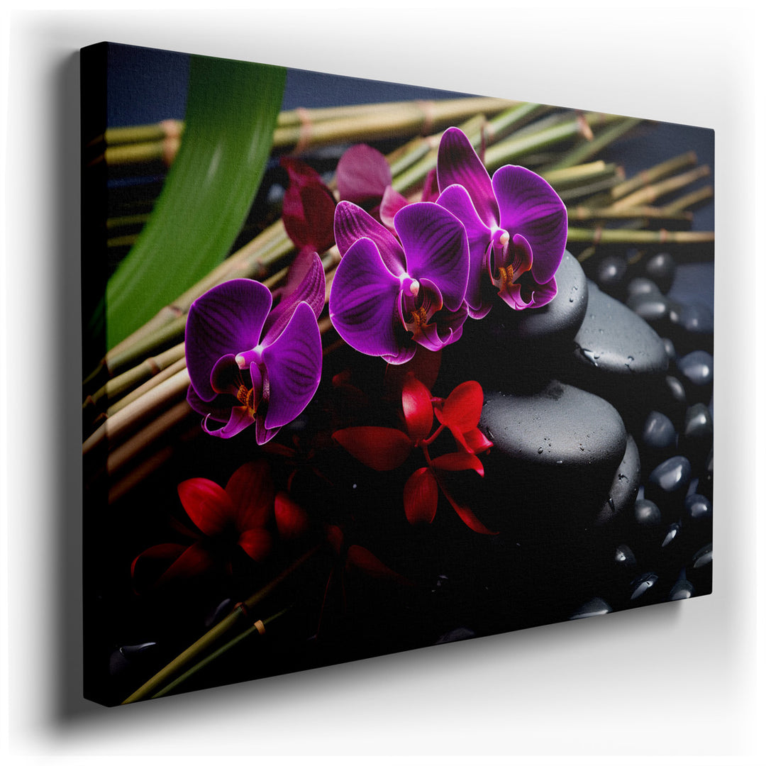 canvas print on wrapped canvas for wall decor – This exquisite wall art captures the serene beauty of nature through a masterful arrangement of vivid purple orchids, sm...