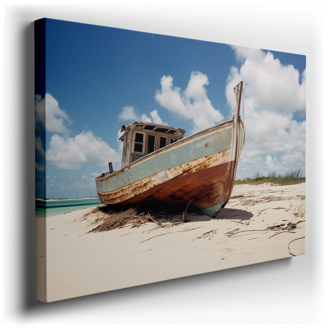 canvas print on wrapped canvas for wall decor – This wall art, a masterful depiction of tranquility and the relentless passage of time, portrays an old, abandoned fishi...