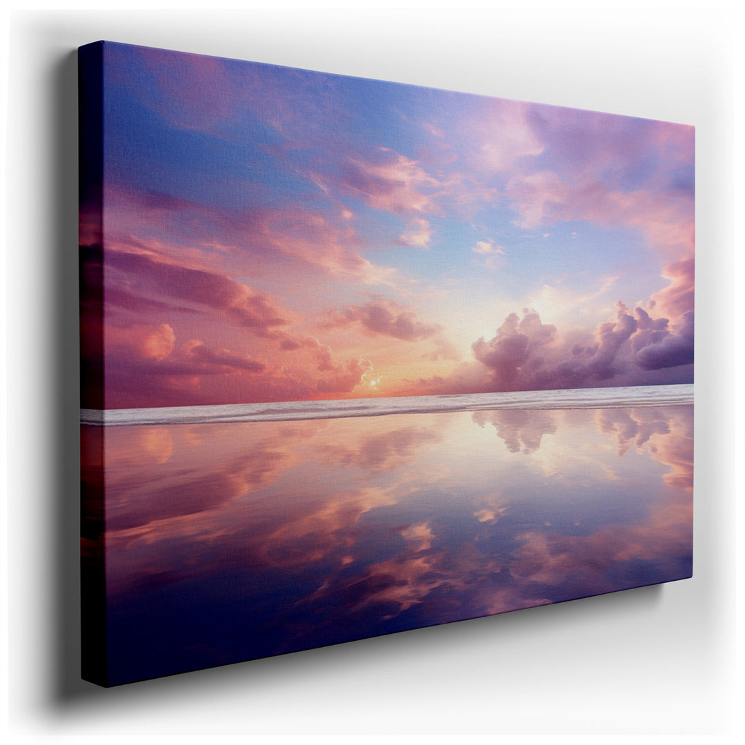 canvas print on wrapped canvas for wall decor – Imagine a wall art that captures the essence of a tranquil evening, where the sun dips below the horizon, bathing the sk...