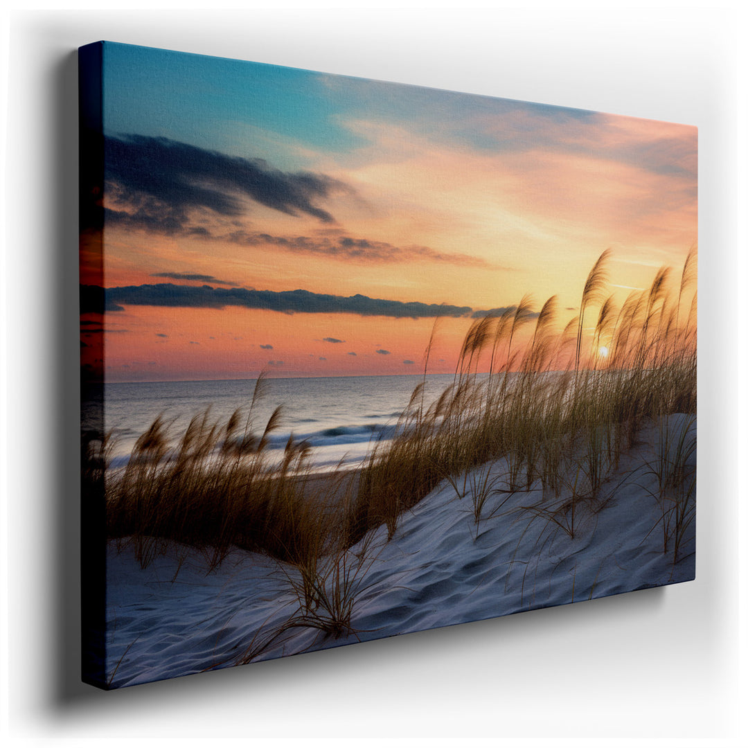 canvas print on wrapped canvas for wall decor – This exquisite wall art portrays a serene landscape of ocean dunes, gracefully adorned with swaying blades of grass, set...